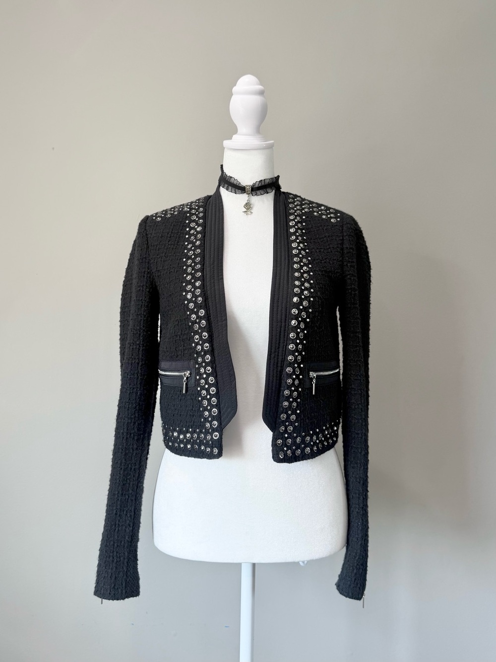 Rebecca Taylor Studded Black Tweed Cropped Open Jacket